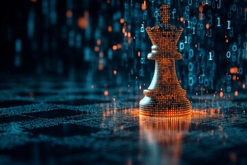 Chess queen rendered in glowing gold data points on a dark digital board