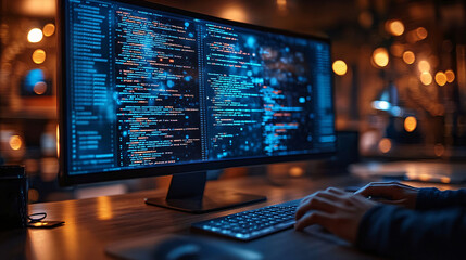 Engineer working late at a wide monitor filled with code, lit by warm amber light