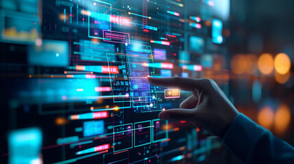 Hand interacting with a dark futuristic interface of glowing data panels